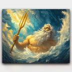 Poseidon's Triumph paint by numbers kit of Poseidon rising from roaring waves with a glowing trident
