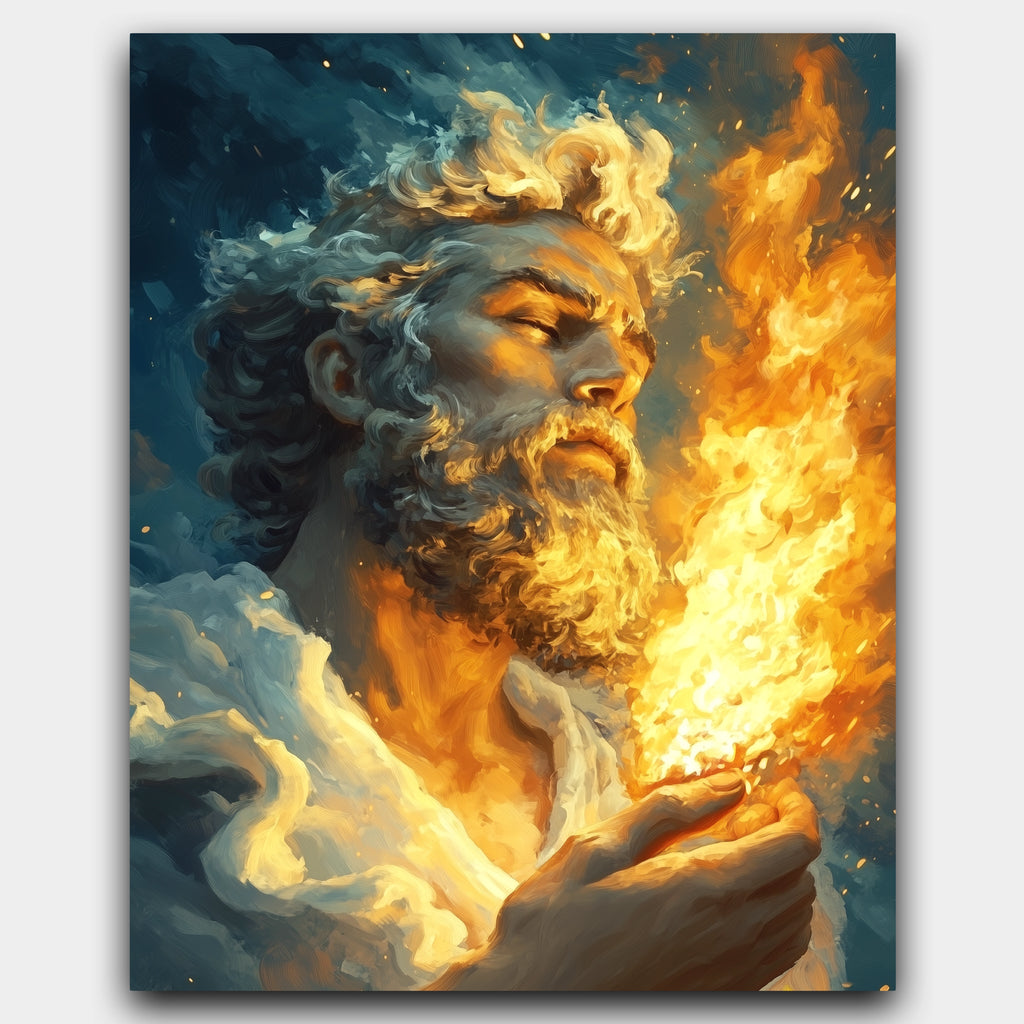 Prometheus paint by numbers kit of the Titan cradling sacred fire, his face glowing in golden light