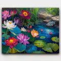 Lotus Awakening paint by numbers kit of a colorful lotus garden blooming over tranquil water