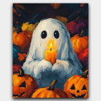 Candlelit Spirit paint by numbers kit of a friendly ghost holding a candle among jack-o-lanterns