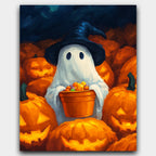 Ghostly Sweet Haul paint by numbers kit of a playful Halloween ghost with a candy bucket and pumpkins