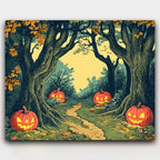 Cursed Wood paint by numbers kit of a woodland path with glowing jack-o-lanterns and twisted old trees