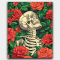 Death and Roses paint by numbers kit of a skeleton and red roses in a vintage tattoo style