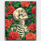 Death and Roses paint by numbers kit of a skeleton and red roses in a vintage tattoo style