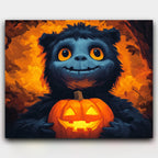 The Mischievous Glow paint by numbers kit of a playful monster holding a glowing jack-o-lantern