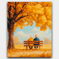 Moments of Forever paint by numbers kit of an elderly couple on a bench among golden autumn leaves