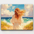 Tide of Serenity paint by numbers kit of a woman in a flowing white dress beside a calm ocean view