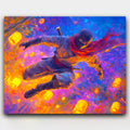 Ninja’s Fight paint by numbers kit of a leaping ninja with a flying scarf among glowing lanterns