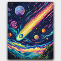 Cosmic Firestorm paint by numbers kit of a bright comet streaking past colorful planets and galaxies