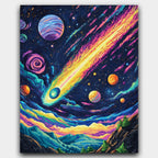 Cosmic Firestorm paint by numbers kit of a bright comet streaking past colorful planets and galaxies