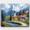 Alpine Serenity paint by numbers kit of a mountain village with red rooftops, snowy peaks and a river