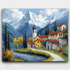 Alpine Serenity paint by numbers kit of a mountain village with red rooftops, snowy peaks and a river