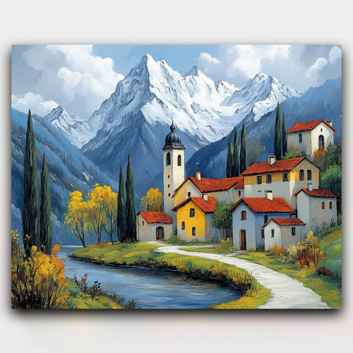 Alpine Serenity paint by numbers kit of a mountain village with red rooftops, snowy peaks and a river