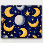 Night Sky Symphony paint by numbers kit of a swirling night sky with golden moons and silver stars