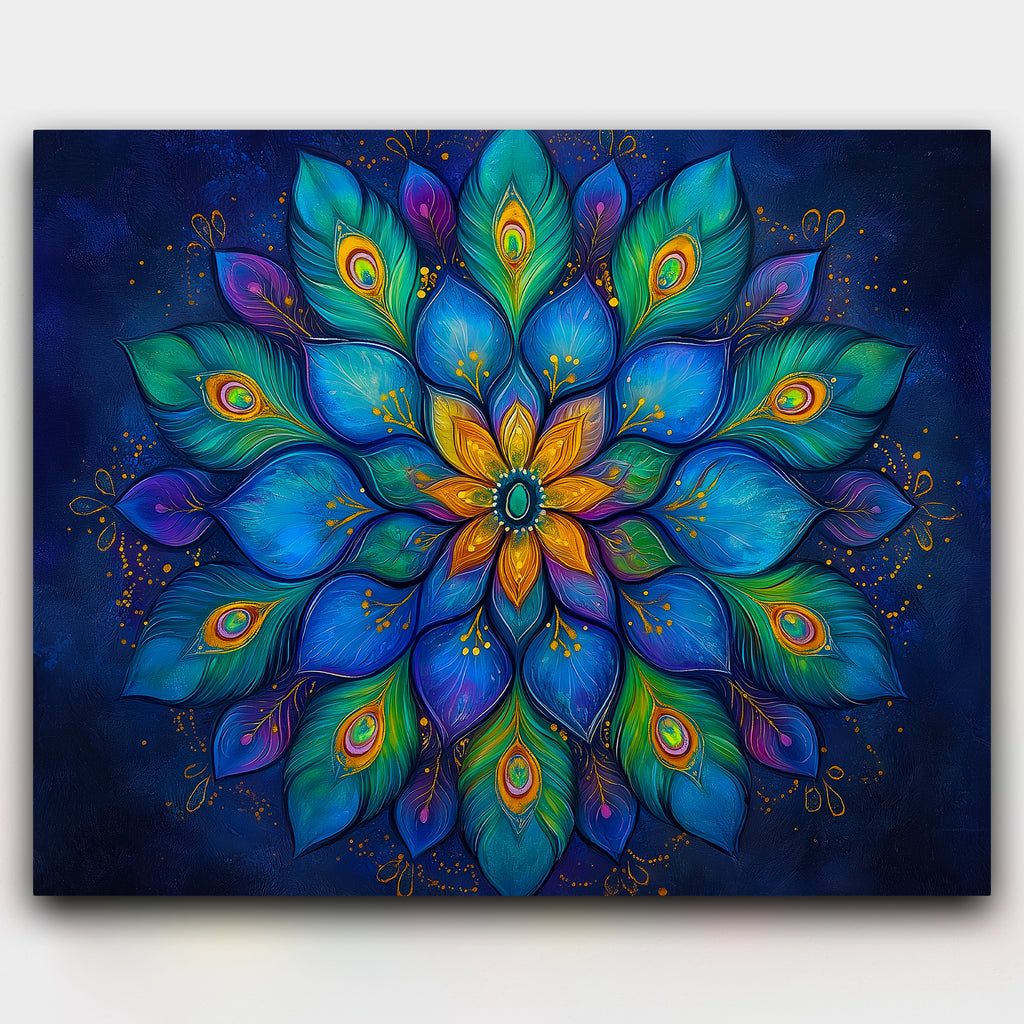 Peacock’s Radiant Mandala paint by numbers kit of a feather mandala in blue, green and gold