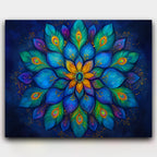 Peacock’s Radiant Mandala paint by numbers kit of a feather mandala in blue, green and gold