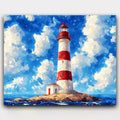 Light Over the Sea paint by numbers kit of a red and white lighthouse standing tall above the sea