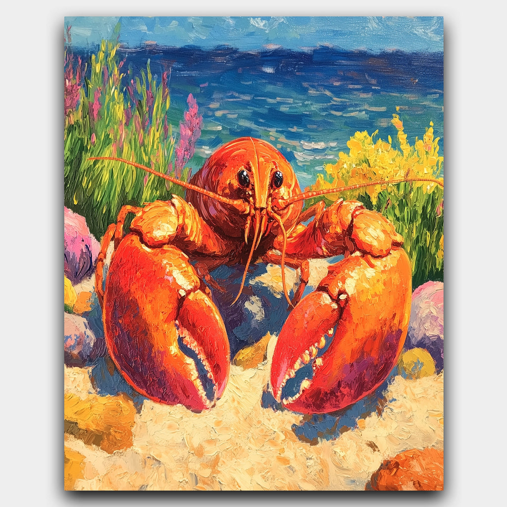 Ocean's Red King paint by numbers kit of a bright red lobster in a colorful coastal sea scene