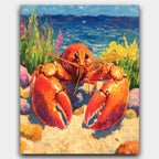 Ocean's Red King paint by numbers kit of a bright red lobster in a colorful coastal sea scene