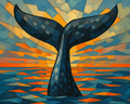 Ocean’s Farewell paint by numbers kit of a whale tail rising over a geometric sunset sea