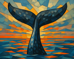 Ocean’s Farewell paint by numbers kit of a whale tail rising over a geometric sunset sea