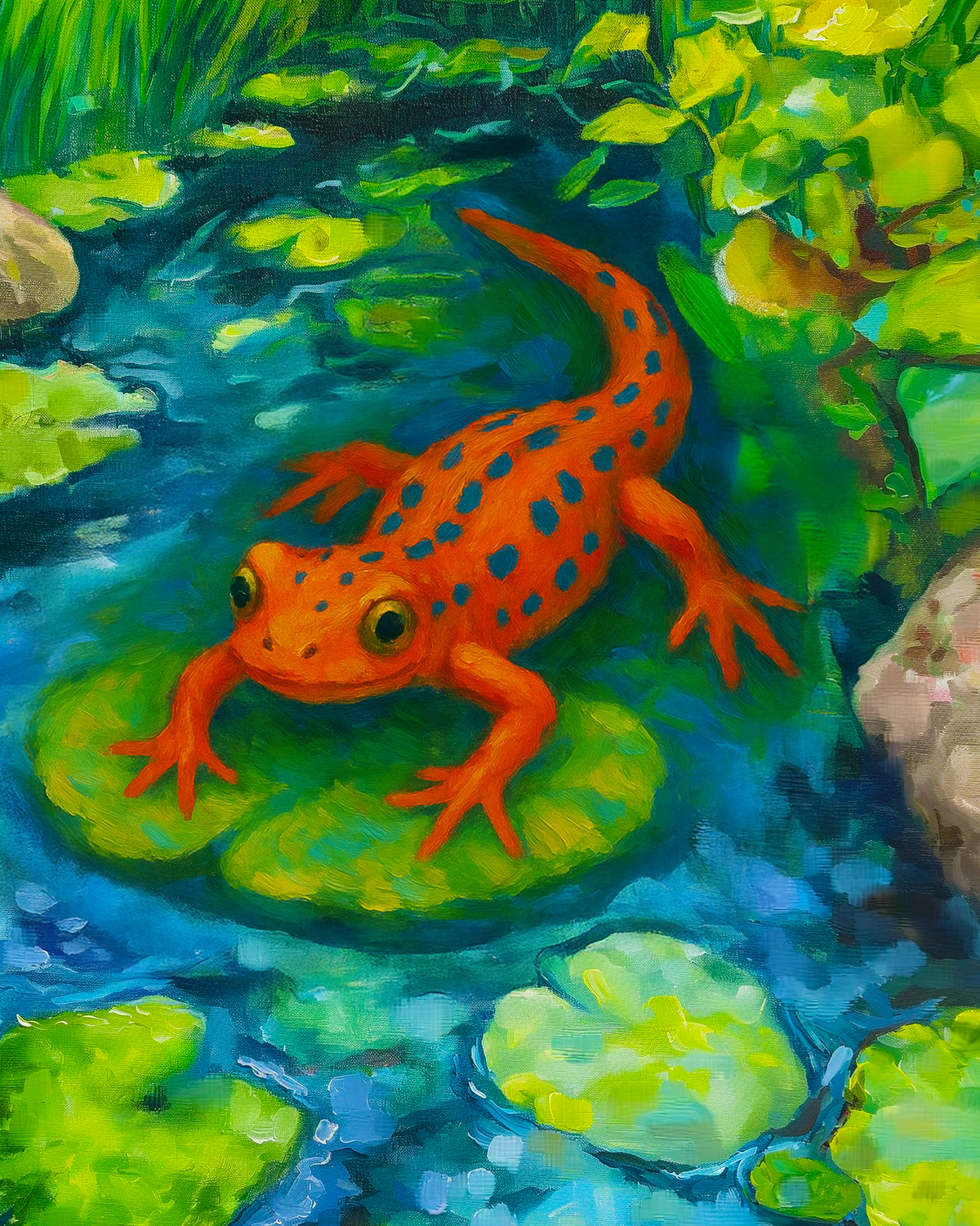 Axolotl Bliss paint by numbers kit of an axolotl resting among lily pads in greens and blues