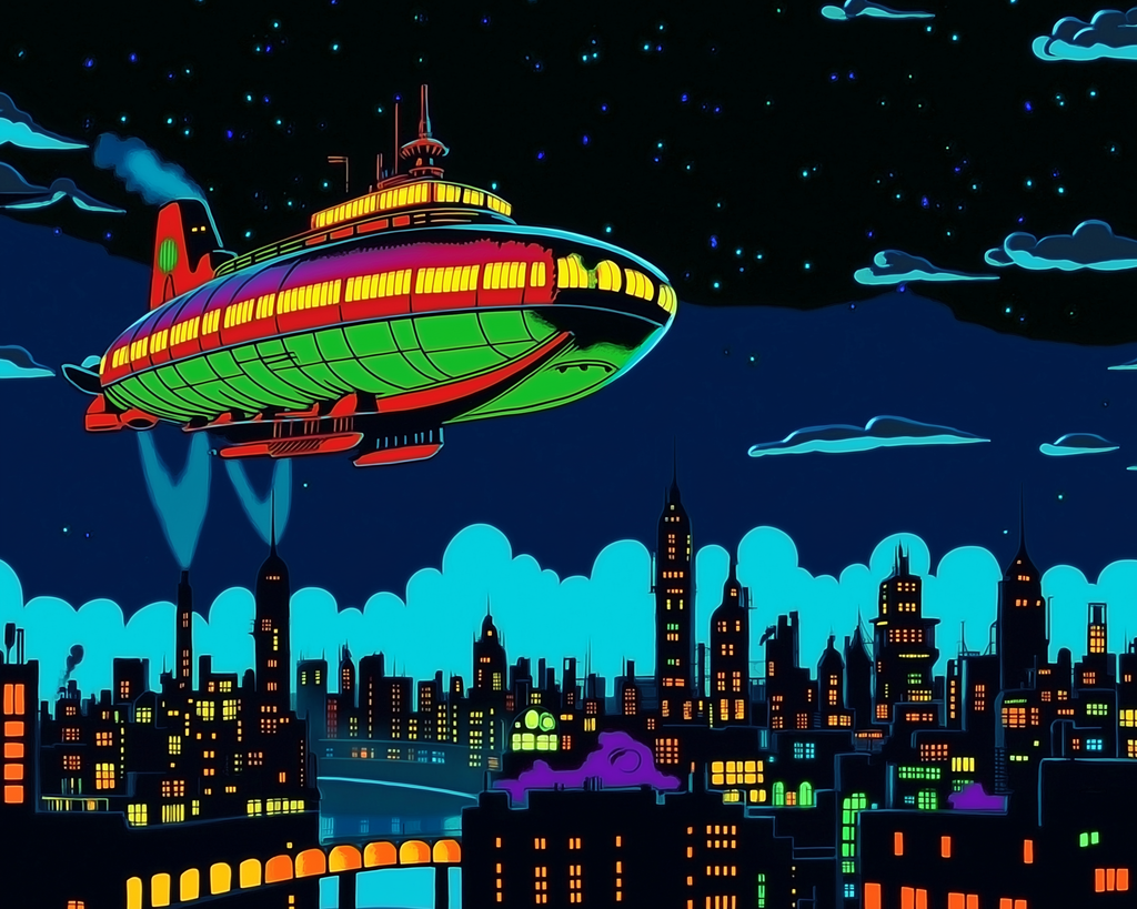 Cyberpunk Airship paint by numbers kit of an airship over a glowing steampunk city in copper tones