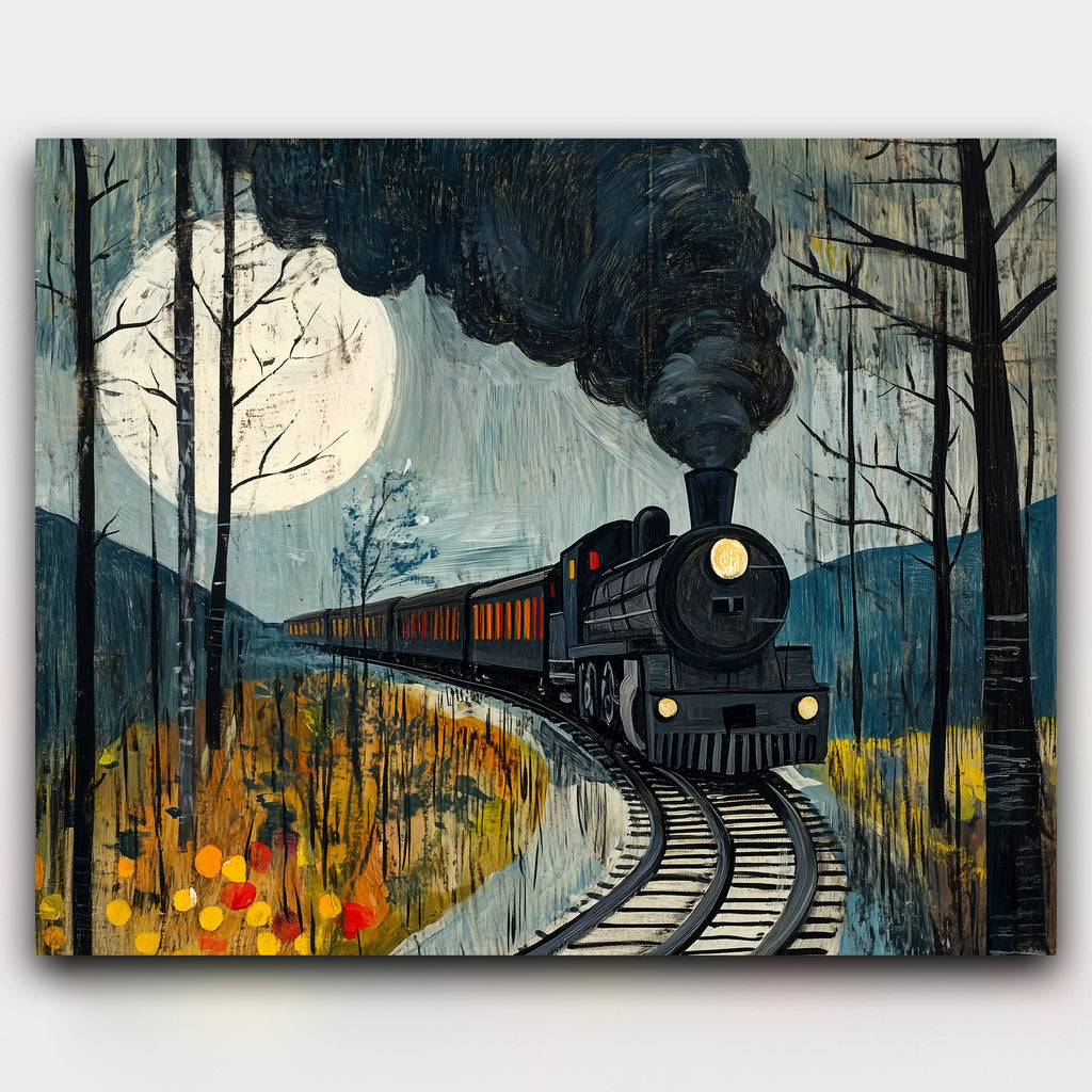 Nocturnal Passage paint by numbers kit of a steam locomotive in a misty forest under a full moon