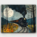 Nocturnal Passage paint by numbers kit of a steam locomotive in a misty forest under a full moon