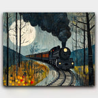 Nocturnal Passage paint by numbers kit of a steam locomotive in a misty forest under a full moon