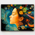 Dream Alchemy paint by numbers kit of a meditating woman amid cosmic symbols and glowing orbs