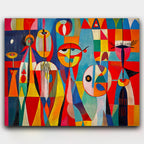 Beyond Reality paint by numbers kit of a Klee-inspired patchwork of faces and symbols in reds and blues