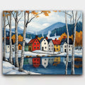 Winter in the Fjords paint by numbers kit of cozy snowy houses, birch trees and calm fjord reflections