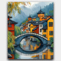 Where the Willows Weep paint by numbers kit of a riverside village with curved bridges and pagoda roofs