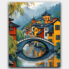 Where the Willows Weep paint by numbers kit of a riverside village with curved bridges and pagoda roofs