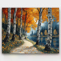 Birch Grove paint by numbers kit of a birch forest with golden autumn leaves and a misty path