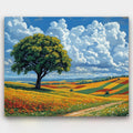Free Fields paint by numbers kit of rolling wheat fields and a lone oak under a summer sky