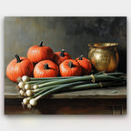 Harvest on the Table paint by numbers kit of a still life with pumpkins, green onions and a brass pot