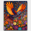 Dance of Feathers and Flowers paint by numbers kit of a colorful bird in flight over wildflowers