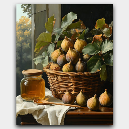 A Taste of Autumn paint by numbers kit of a rustic still life with figs and honey in golden light