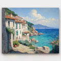 Village by the Azure paint by numbers kit of a sunlit seaside village beside turquoise water