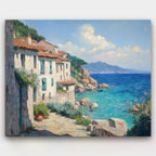Village by the Azure paint by numbers kit of a sunlit seaside village beside turquoise water