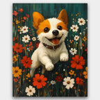 Meadow’s Laughter paint by numbers kit of a happy dog running through wildflowers in bold colors