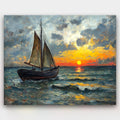 Return to Shore paint by numbers kit of a fishing boat at sunset in an impressionist style