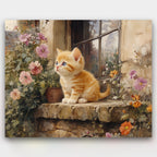 Curious Kitten paint by numbers kit of a kitten in an English garden in soft watercolor style