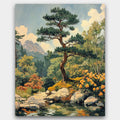 Bonsai Legacy paint by numbers kit of a tranquil Japanese garden with bonsai trees