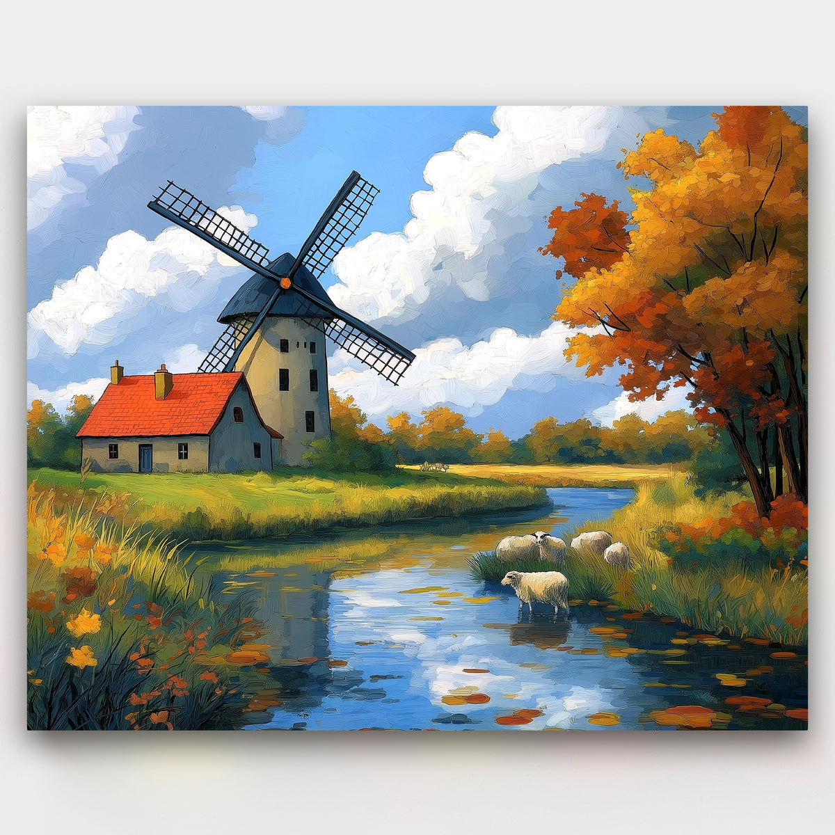 Painting of a windmill by a river with sheep and autumn trees.