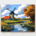 Windmill Whispers paint by numbers kit of a windmill with grazing sheep beside a peaceful river