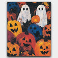 Pumpkin Parade paint by numbers kit of cheerful ghosts and glowing pumpkins in a playful Halloween scene