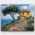 Colorful Road Home paint by numbers kit of a mosaic path leading to a golden house by the ocean